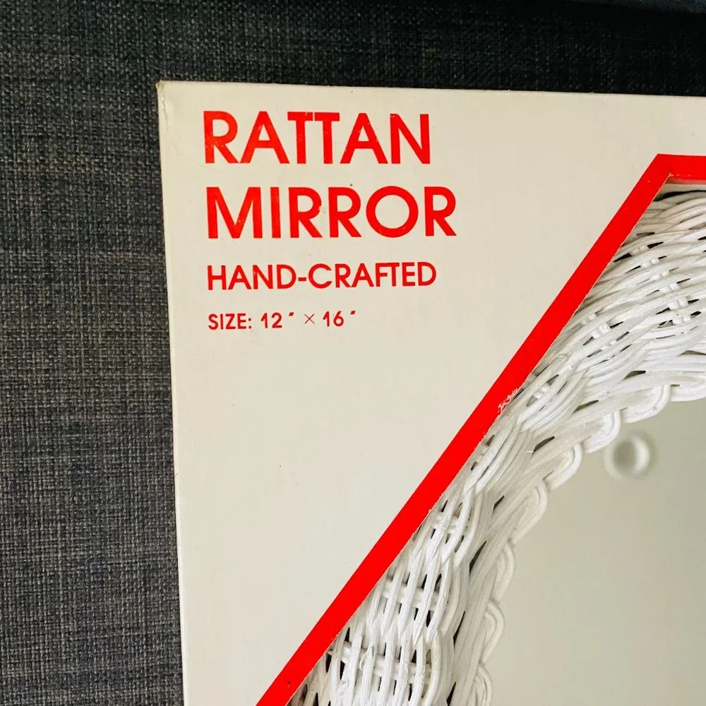 Rattan Hand Crafted Oval White Mirror 12x16” Vintage NIB